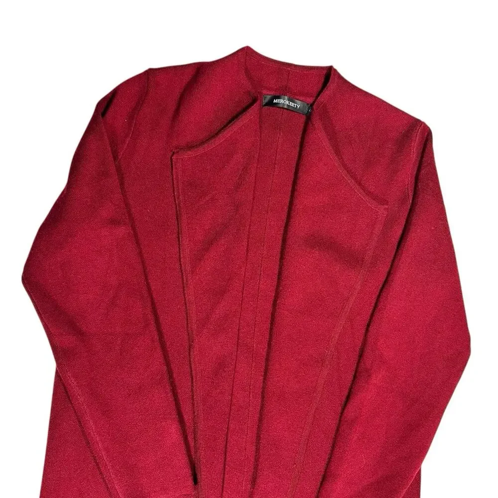 Merokeety Women’s Sz S Long Wool Blend Red Cardigan Knit Duster Coatigan Sweater - Picture 6 of 13